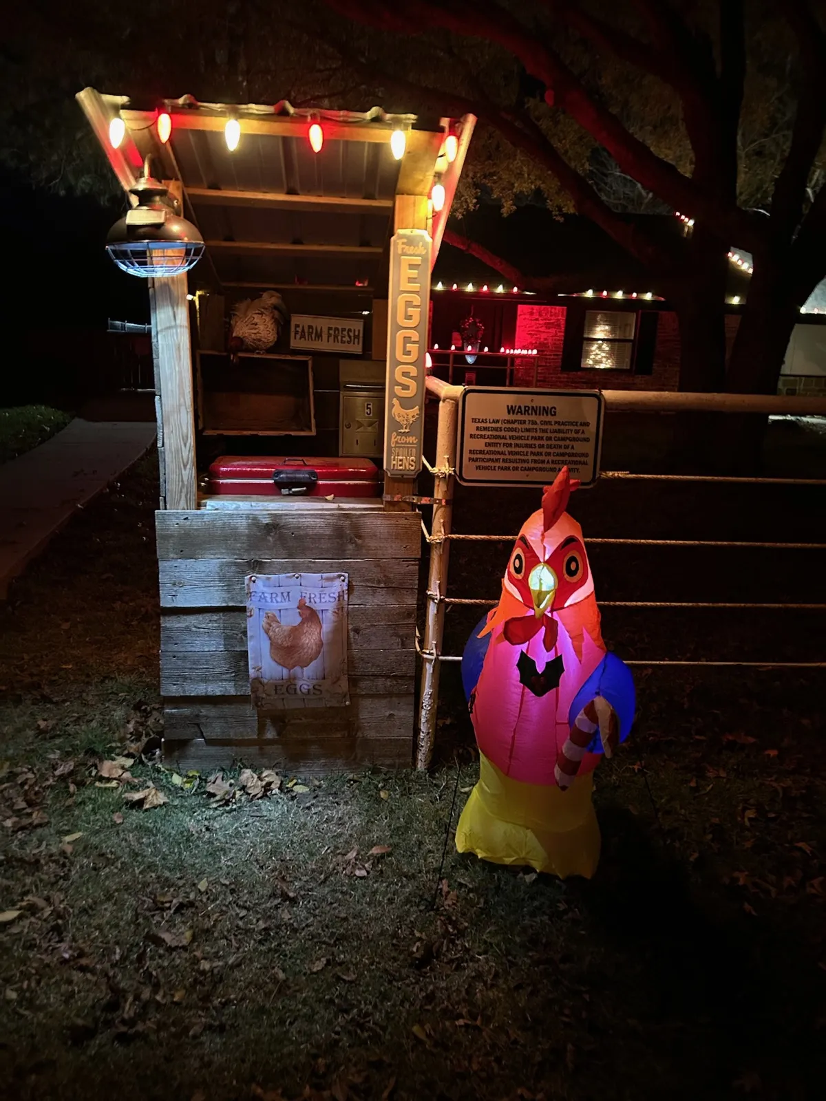 The farm-fresh egg stand lit up in the evening at Waggin' Tail Ranch RV Resort, Pilot Point, TX