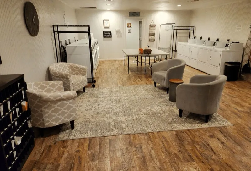 The clean on-site laundry room at Waggin' Tail Ranch RV Resort in Pilot Point, TX