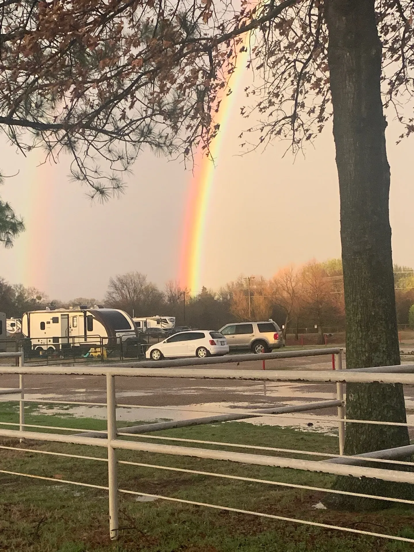 A double rainbow over the RVs at Waggin' Tail Ranch RV Resort in Pilot Point, TX