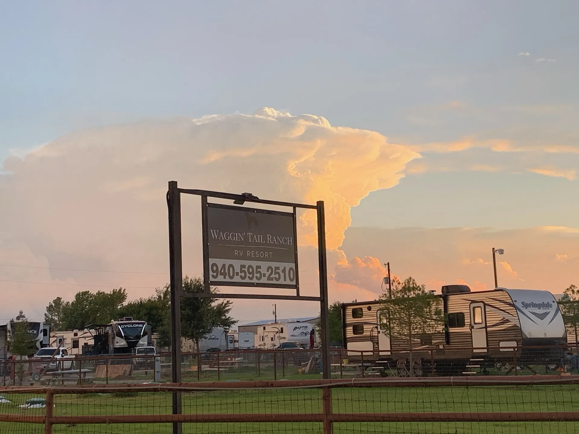 The entrance sign at Waggin' Tail Ranch RV Resort on FM 2931 in Pilot Point, TX