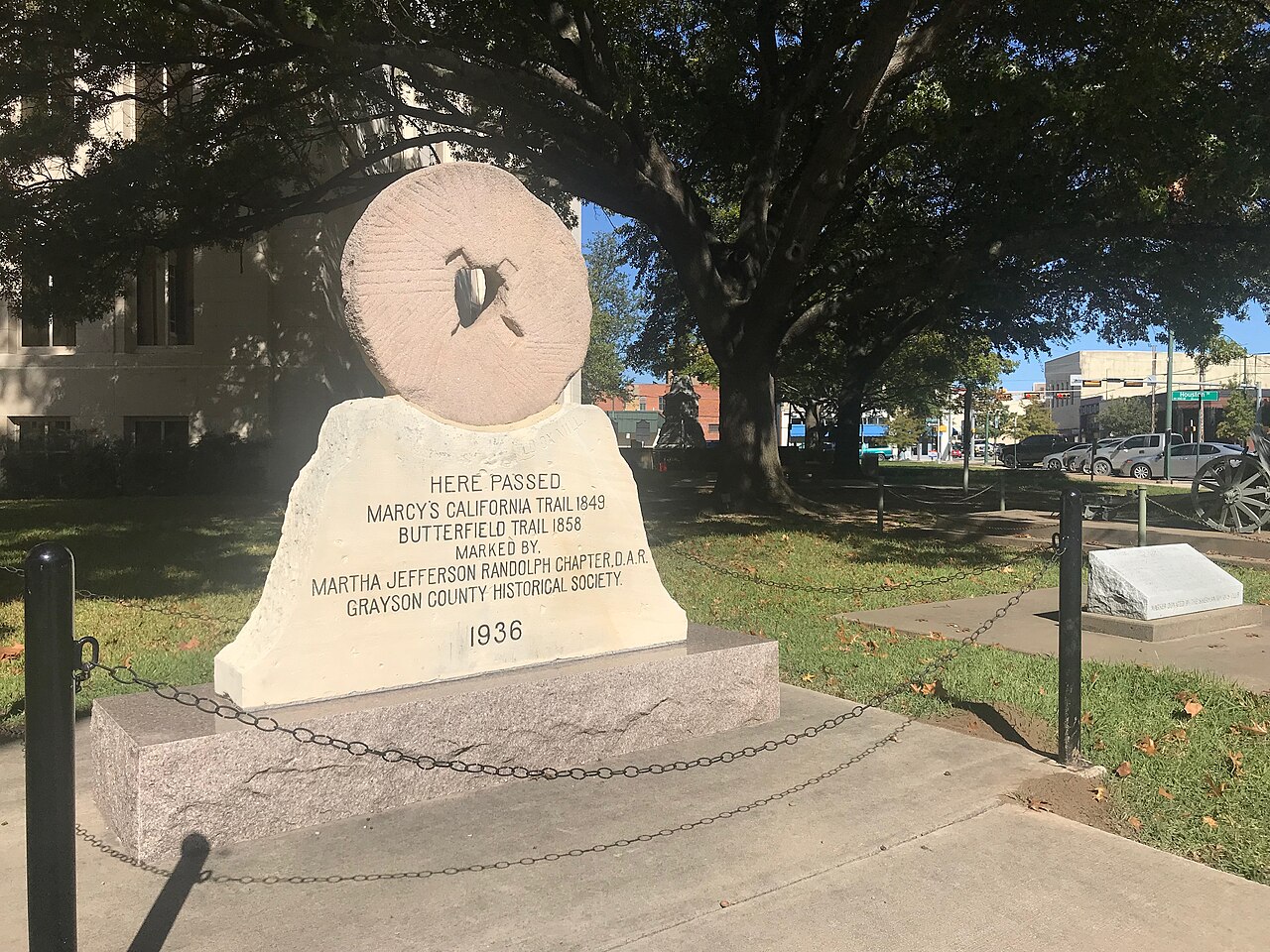 A 1936 monument in Sherman, Texas marking where the Butterfield Trail of 1858 passed through North Texas